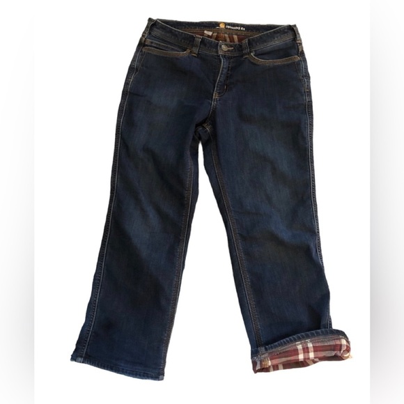Carhartt Relaxed Plaid Flannel Lined Jeans Sz. 8S Short Cotton Blend Stretch - Picture 1 of 7